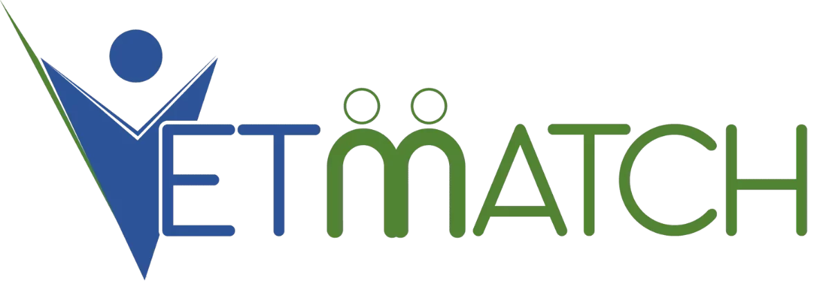 VetMatch Logo - the word Vet in blue and Match in green with two little cirlces above it, and the little VetMatch icon